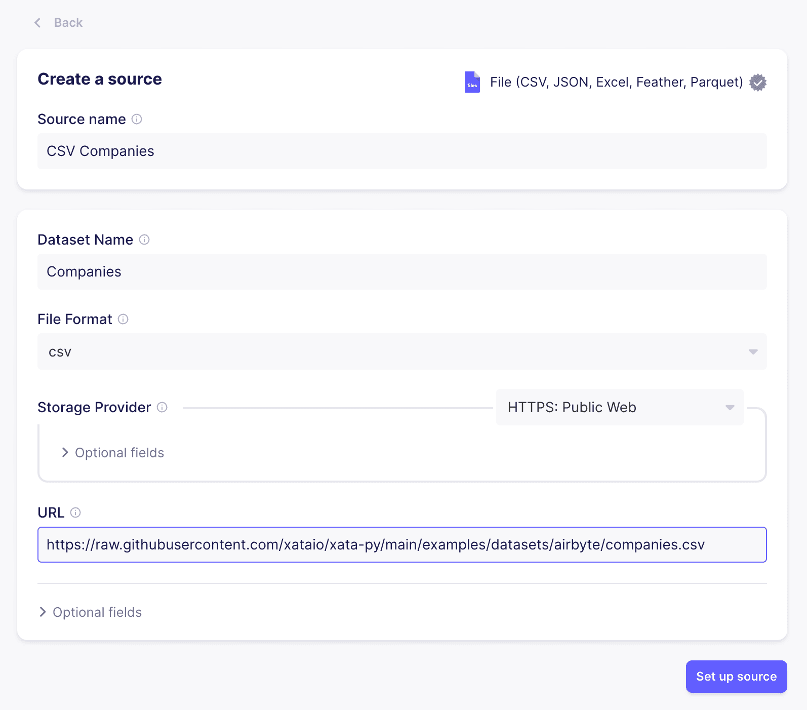 Setup new CSV Source